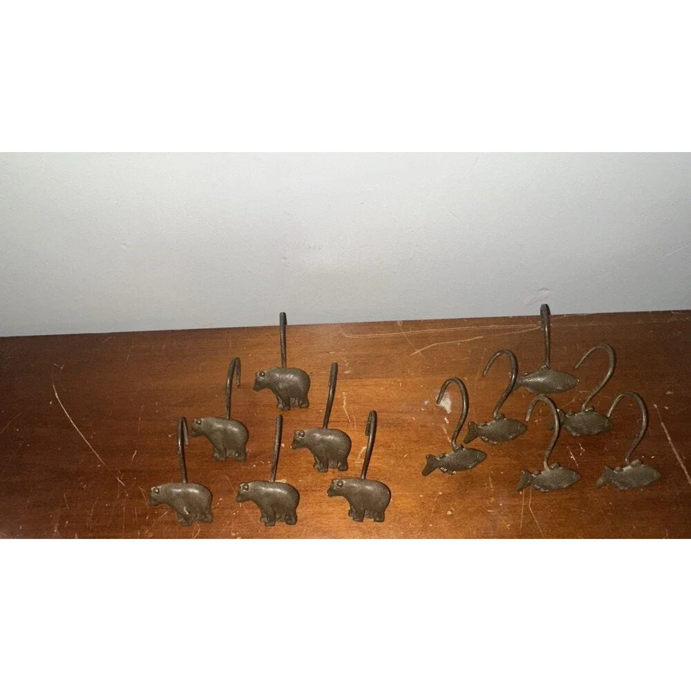 Shower Curtain Hooks 12pc Rustic Wildlife Lodge Brown Bear and Fish